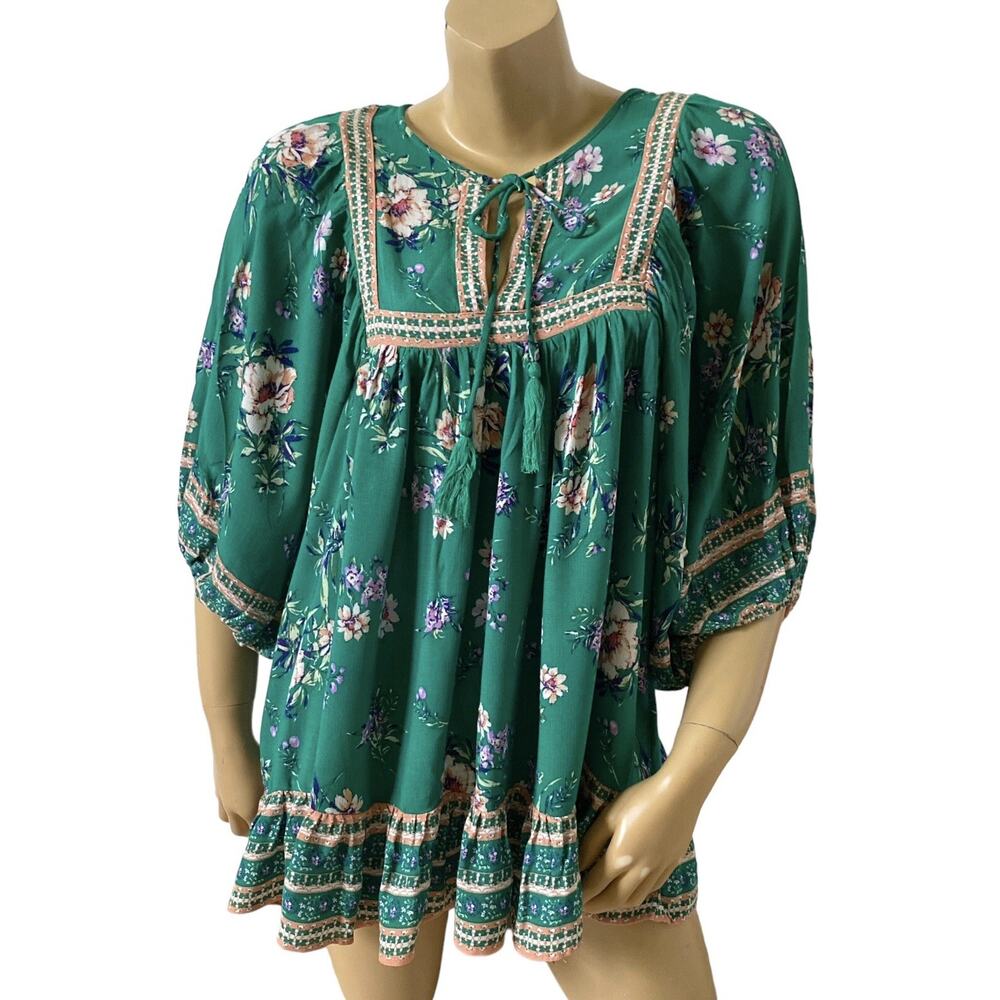 RACHEL ZOE Womens Size Small Keyhole Neck Floral Peasant Boho Blouse Shirt Top